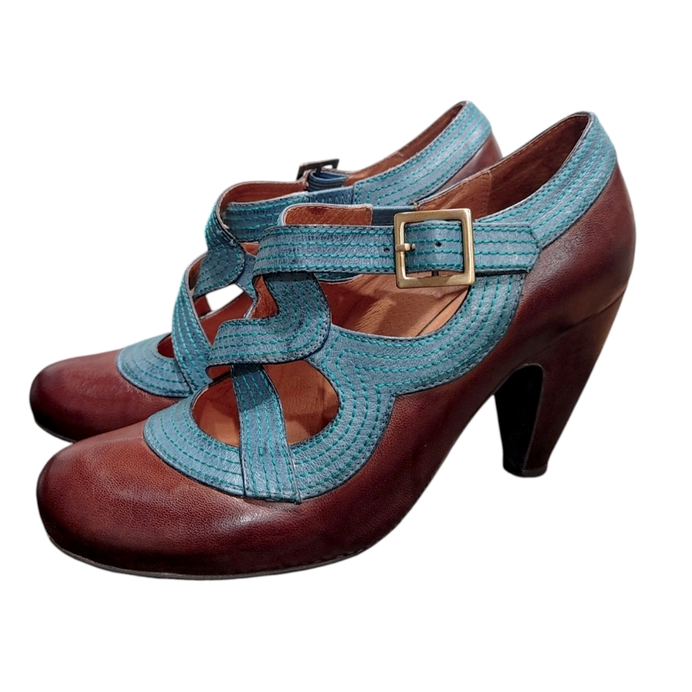Miz Mooz Soho Brown Teal Leather Mary Jane Retro Pin Up Heels Women's Size 7.5 - Picture 3 of 10